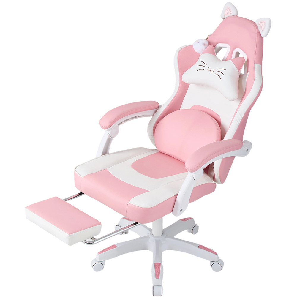 Living and Home White and Pink Cat Ear Design Gaming Chair with Massage Lumbar Pillow Image 2