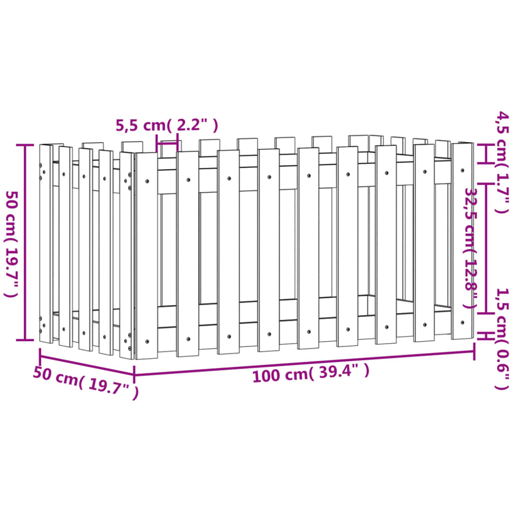 vidaXL White Solid Pine Wood Fence Design Raised Garden Bed 50 x 100 x 50cm Image 8