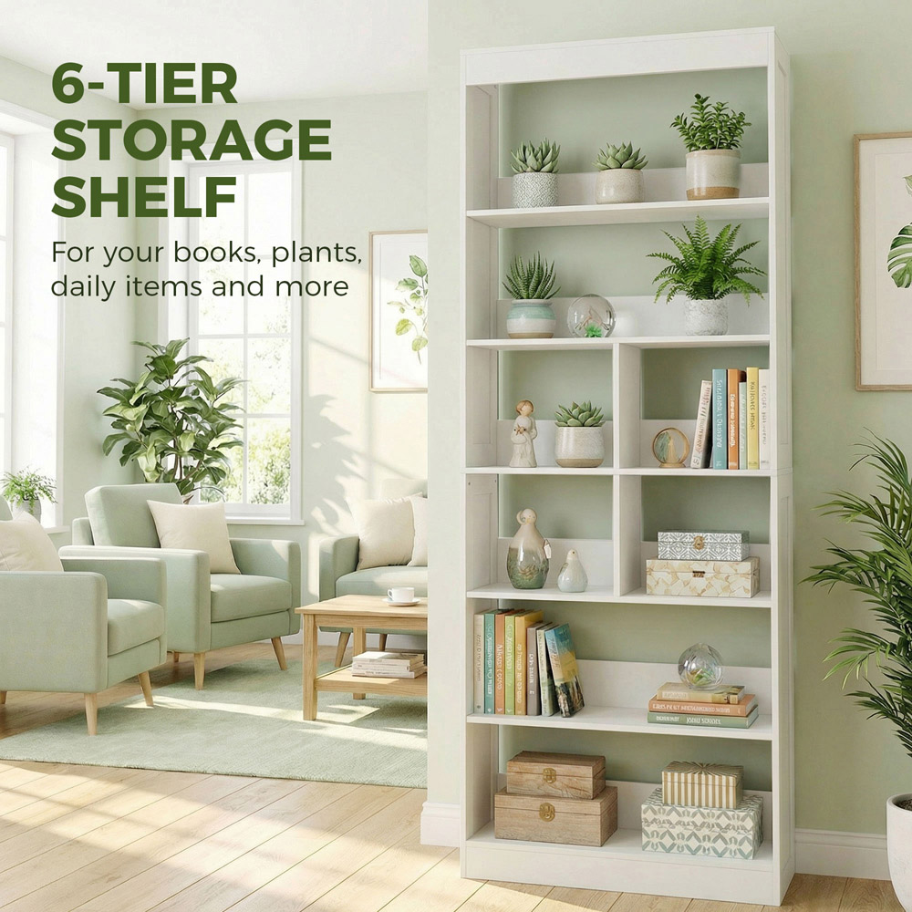 HOMCOM 6-Tier White Anti-Tipping Bookcase Image 4