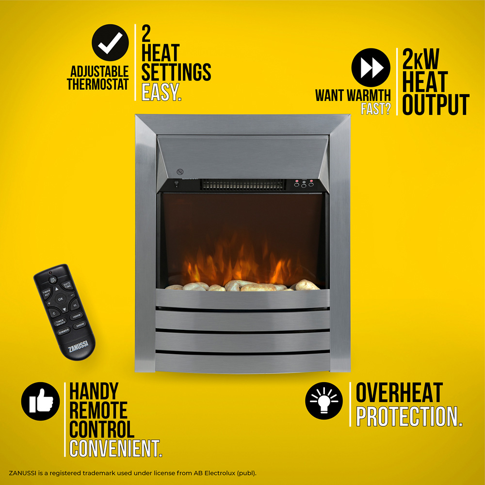 Zanussi 19 Inch Stainless Steel LED Electric Inset Fireplace with Real Pebbles and Remote 2000W Image 7