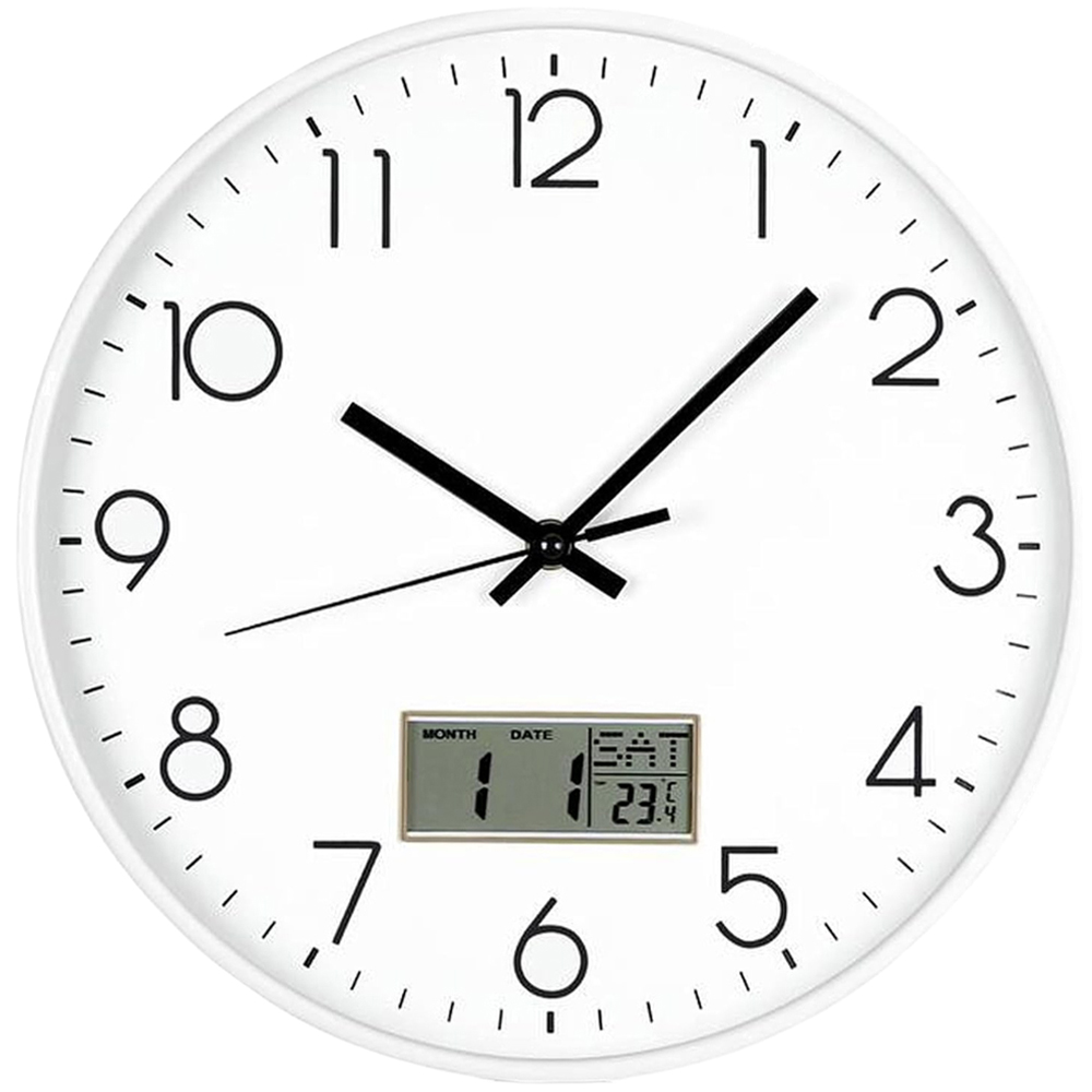 ATEK White Silver Silent Digital Wall Clock with Date Day and Temperature Display 30cm Image 1