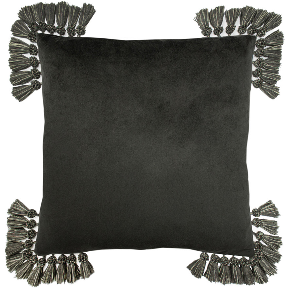 Paoletti Roscoe Grey Velvet Tasselled Cushion Image 2