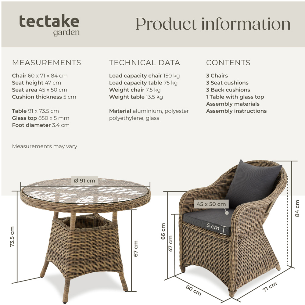 tectake Zurich 3 Seater Poly Rattan Garden Bar Dining Table Nature Image 9