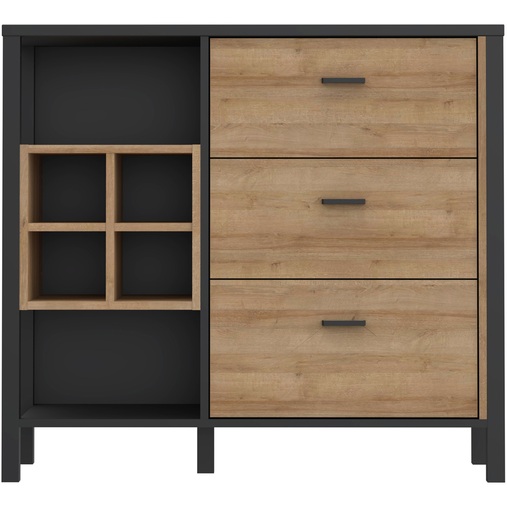 Florence High Rock 3 Drawer 2 Shelf Matt Black and Riviera Oak Sideboard with Wine Bottle Holders Image 3