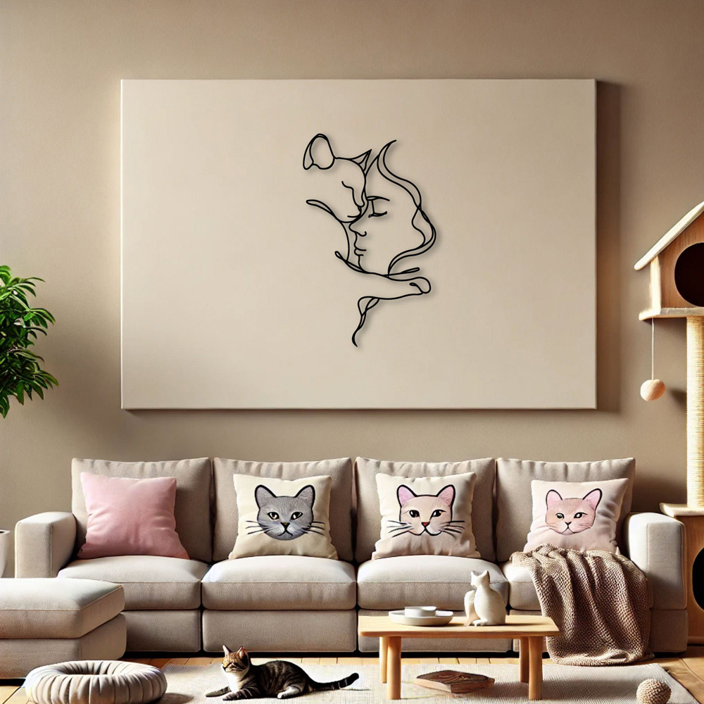 Decortie Minimalist Woman and Cat Metal Line Art Wall Decor Image 2