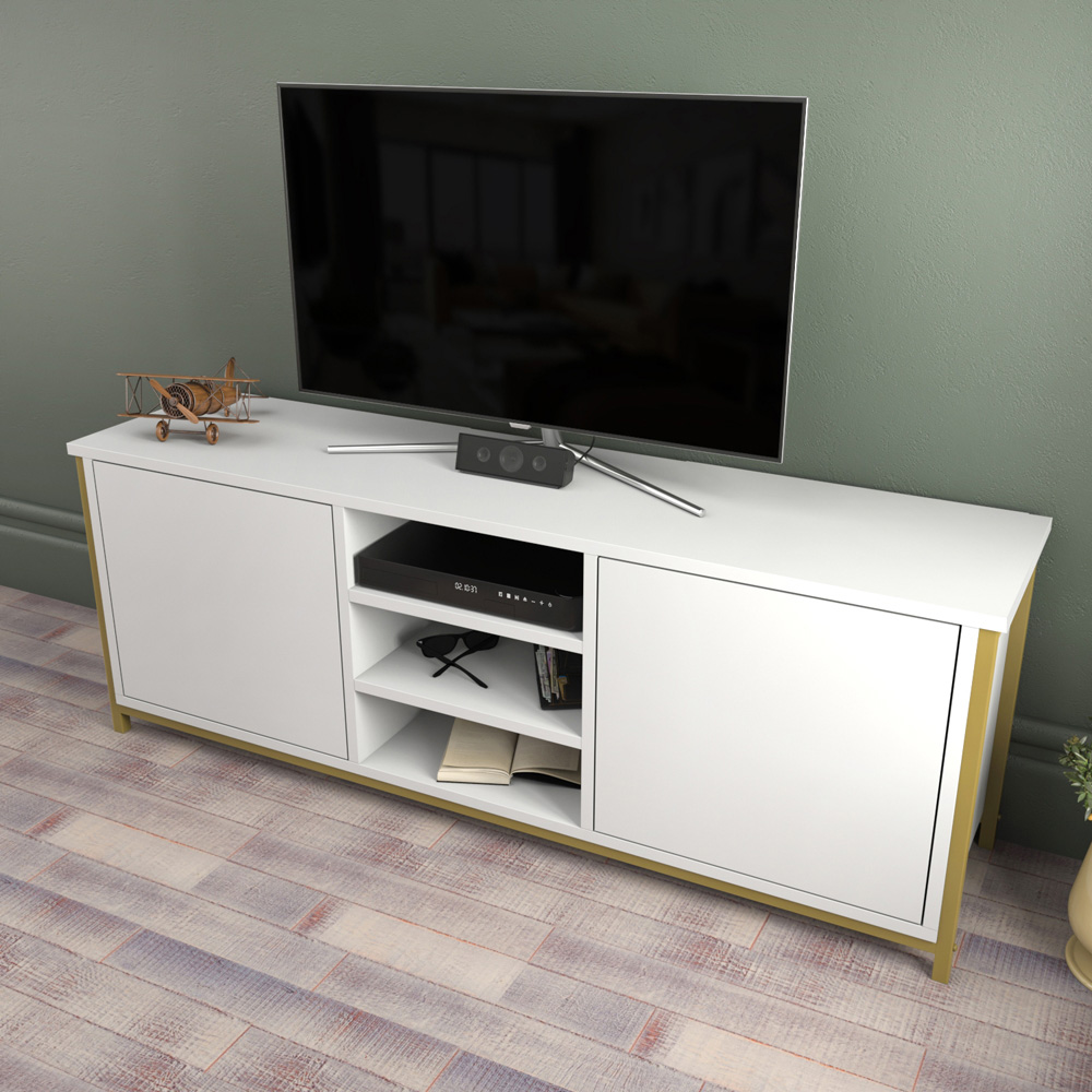 Decorotika Otis 2 Door 3 Shelf Gold and White TV Stand for 63 inch TV Image 5