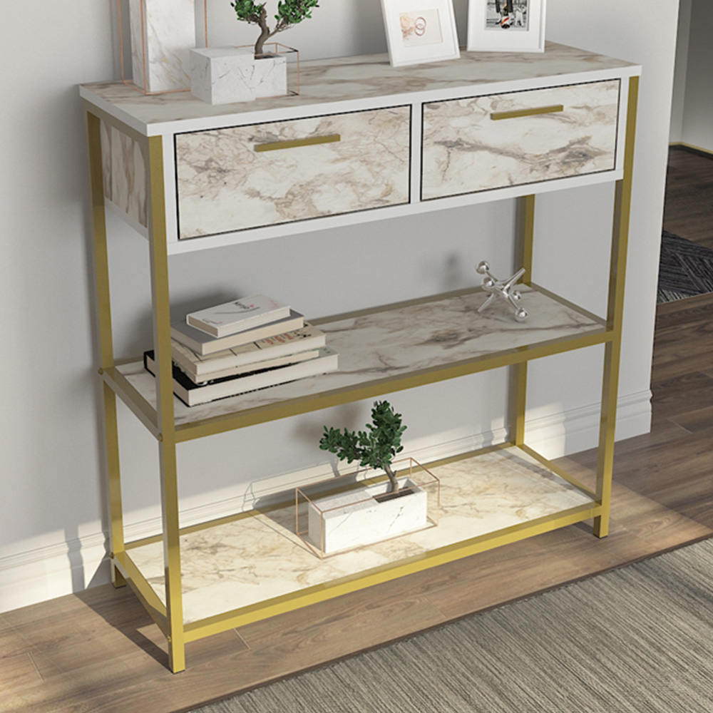 Decorotika Latho 2 Drawer and 2 Shelf White Marble Effect Sideboard Image 1