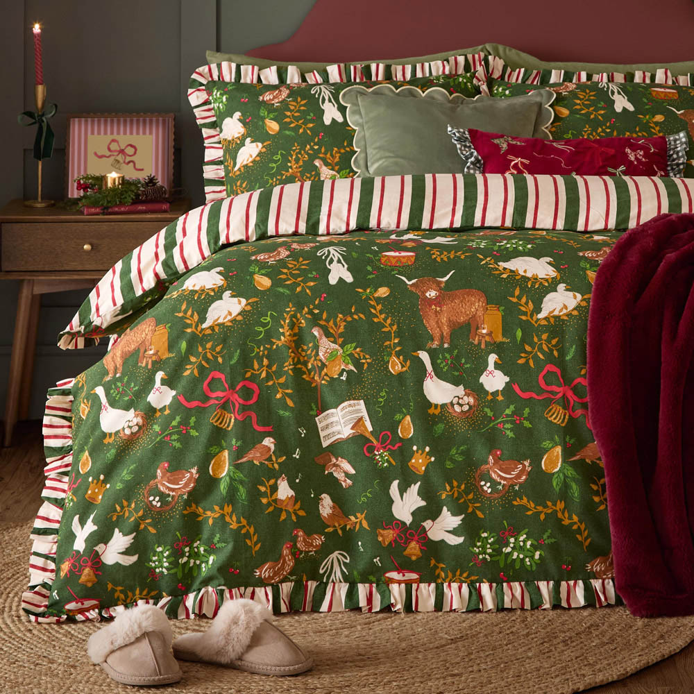 Furn Christmas Twelve Days Frill Single Green Reversible Duvet Cover Set Image 4