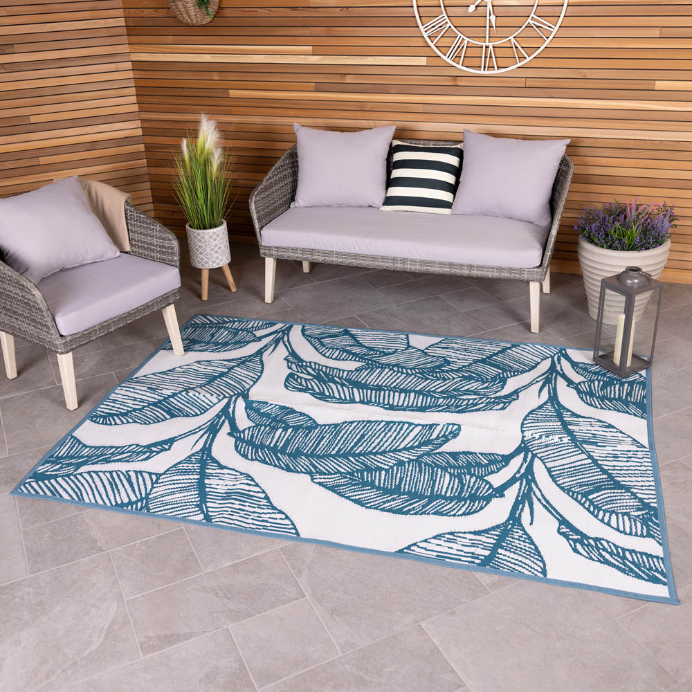 Charles Bentley Teal Blue Leaf Outdoor Rug 160 x 230cm Image 2