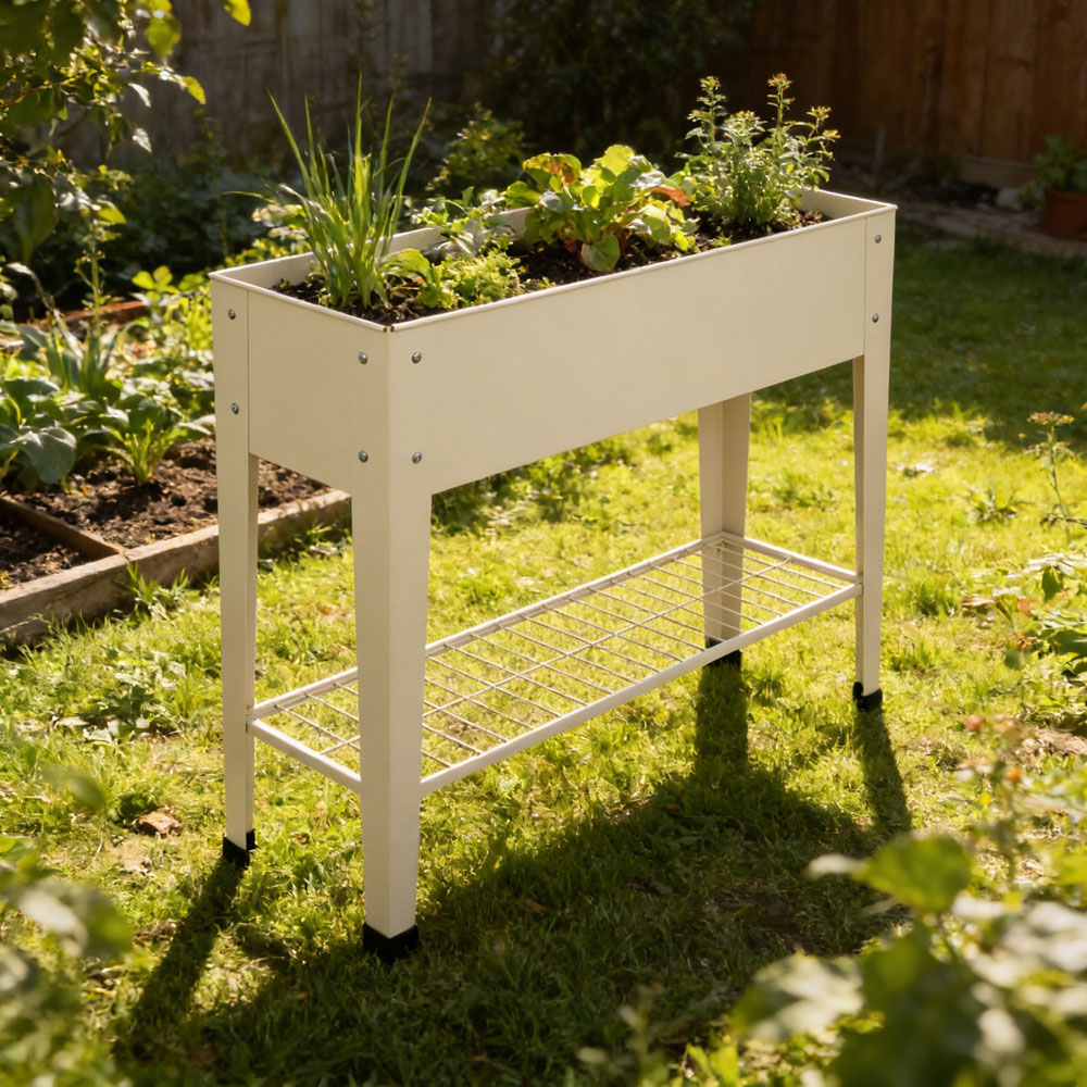 Harbour Housewares Ivory Galvanised Steel Raised Garden Bed with Legs and Storage Shelf Image 2
