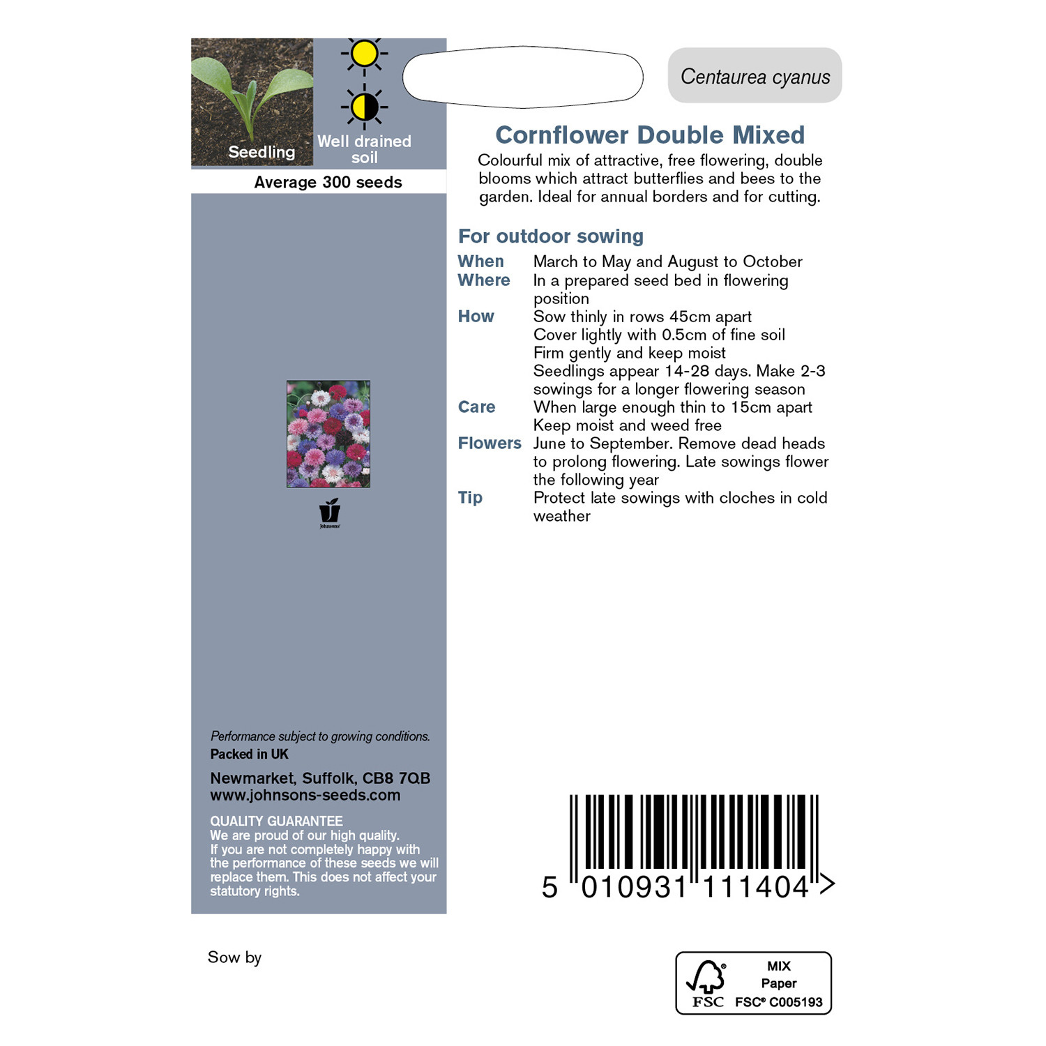 Johnsons Cornflower Double Mixed Flower Seeds Image 3