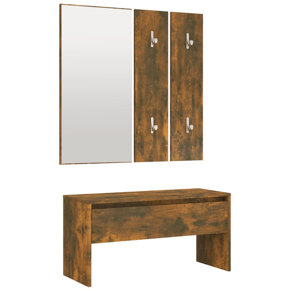 vidaXL Smoked Oak Wooden Hall Bench and Mirror Set Image 2
