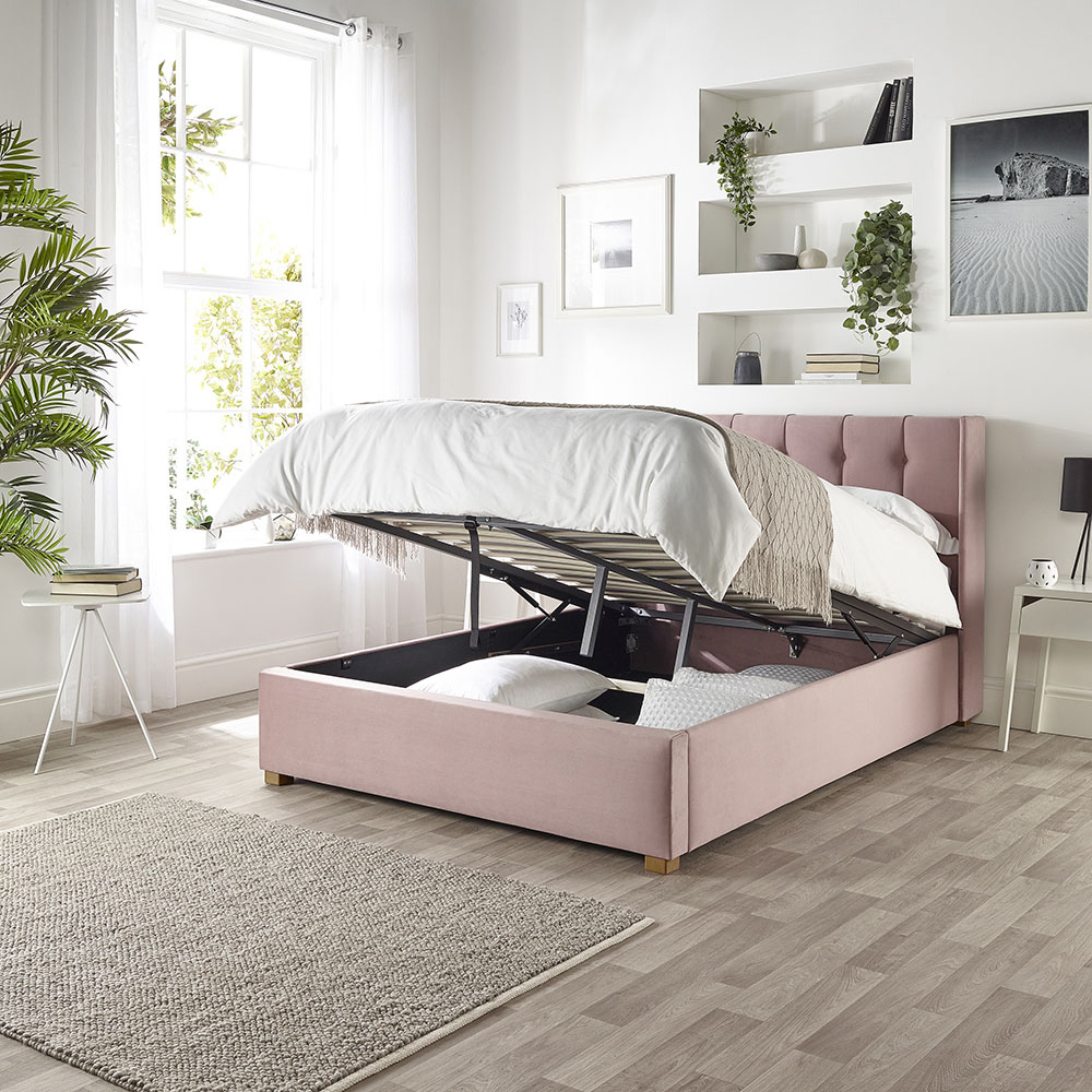 Catherine Lansfield Utopia Small Double Blush Velvet Ottoman Wing Bed Image 3