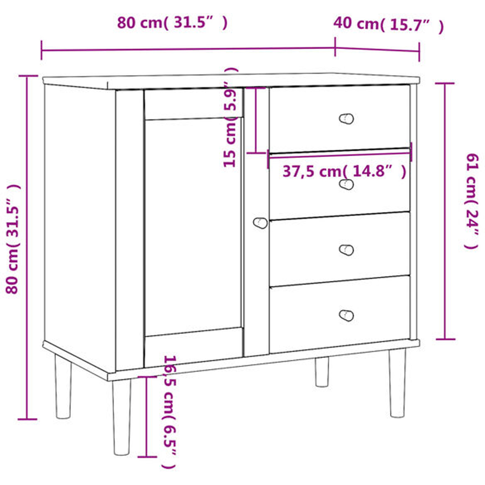 vidaXL Senja Single Door 4 Drawer White Solid Pine Wood Rattan Look Sideboard Image 6