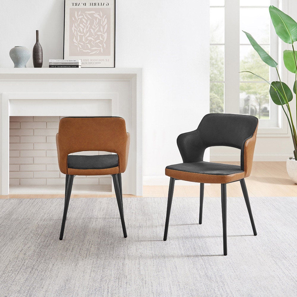 Furniturebox Koda Set of 2 Black and Tan Velvet Faux Leather Dining Chair Image 8