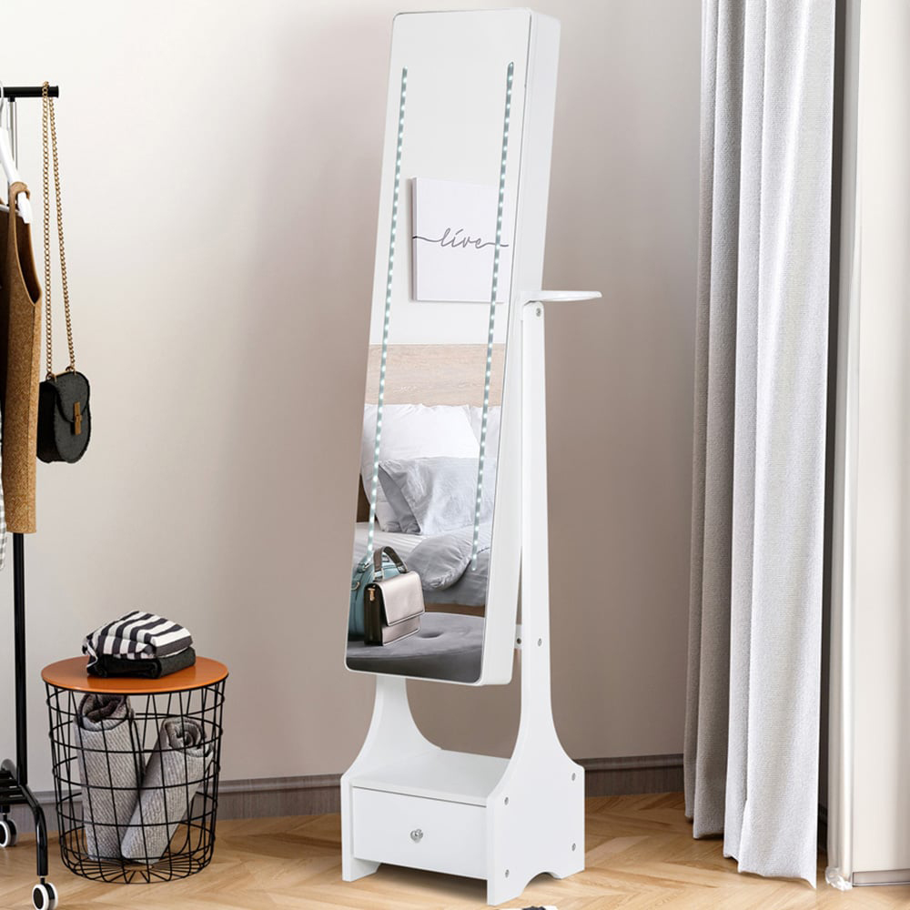 Portland Single Door Single Drawer White Mirrored Jewellery Cabinet with LED and Hairdryer Holder Image 2
