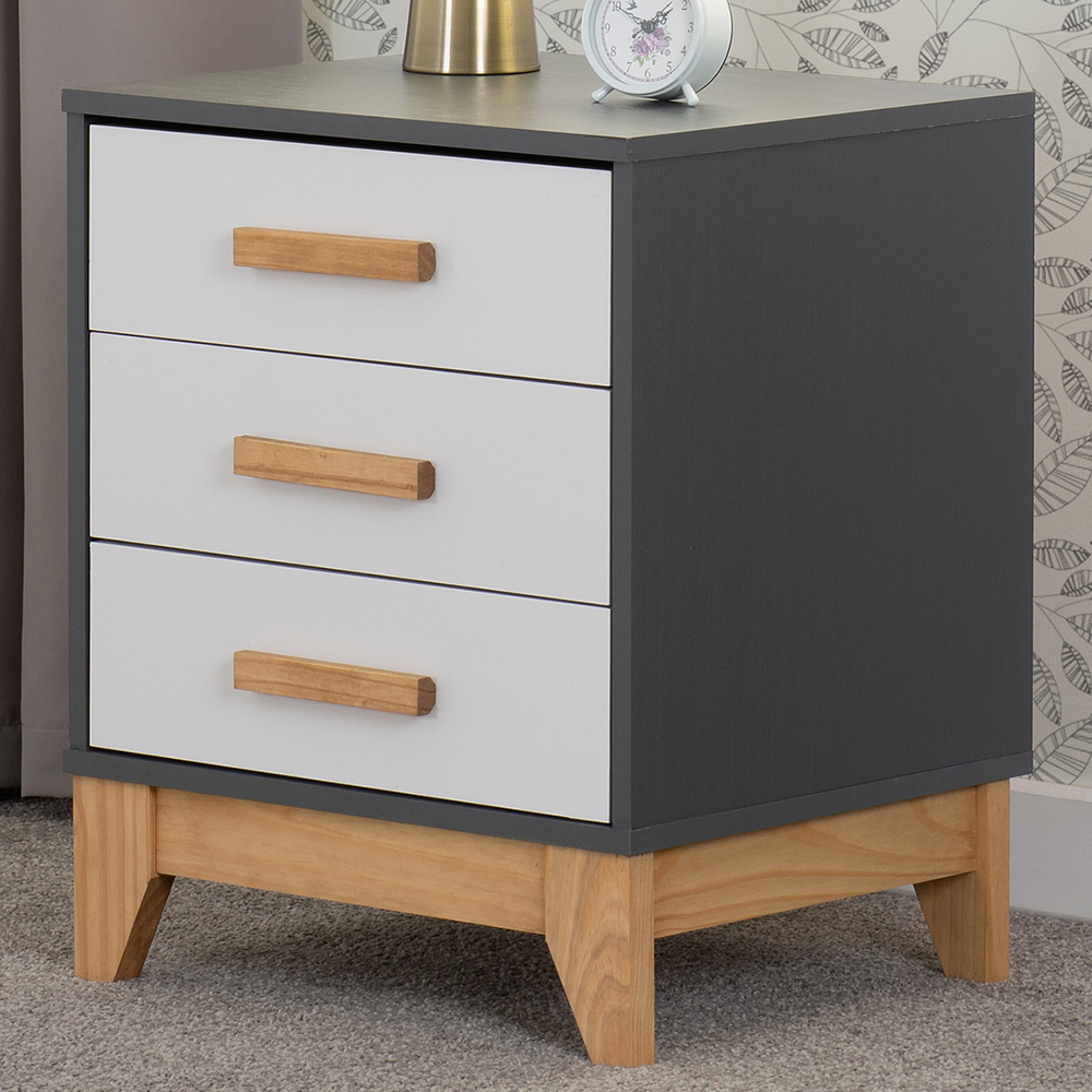Seconique Cleveland 3 Drawer White and Grey Metal Effect Bedside Table Image 1