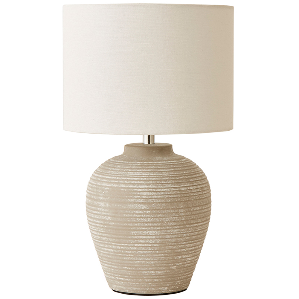 ValueLights Reid Linen Drum Lamp Shade Stone Grey Ribbed Ceramic Small LED Table Lamp Image 1