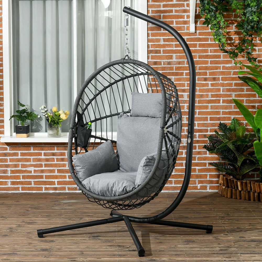 Outsunny Grey Rope Hanging Swing Chair with Stand Image