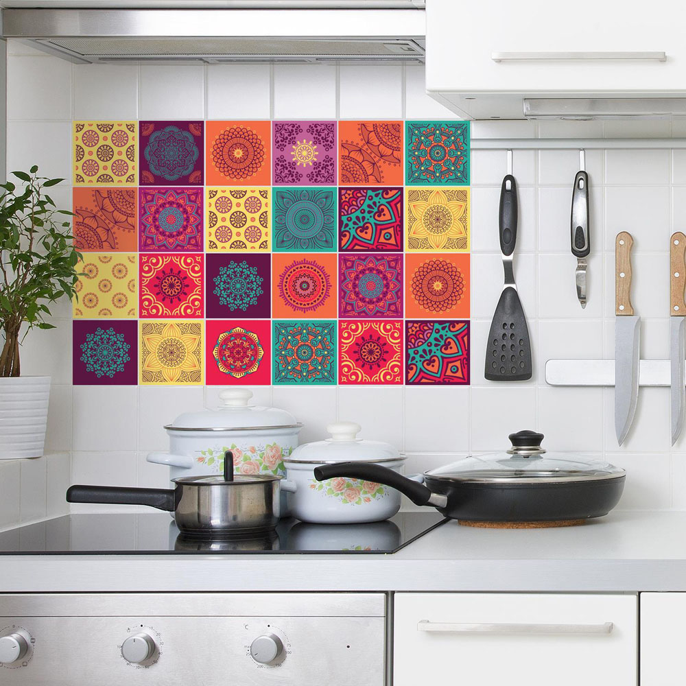 Walplus Colourful Mandala Multicoloured Self Adhesive Tile Sticker 24 Pack Image 1