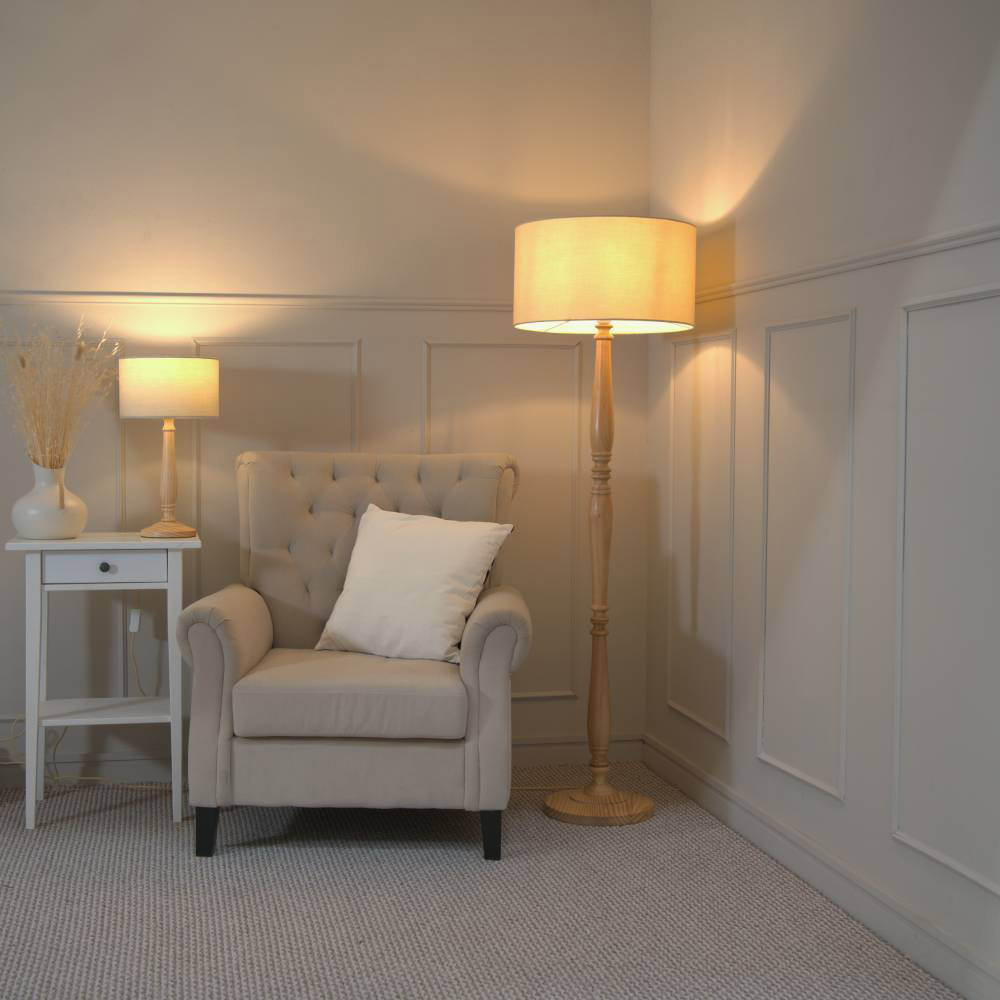 ValueLights Victoria Natural Fabric Drum Shade Light Wood Traditional Stem LED Table Lamp Image 4