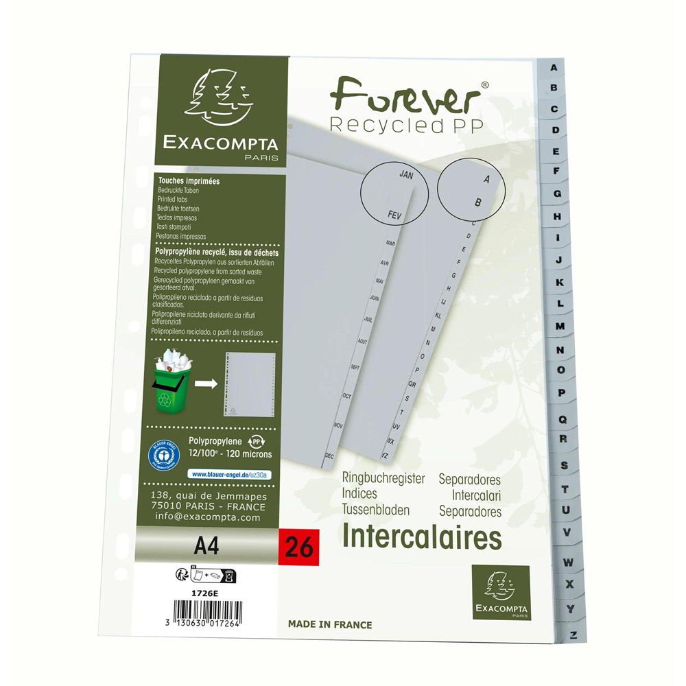 Exacompta A4 Grey Recycled Polypropylene A-Z Divider 20 Pack Image 5