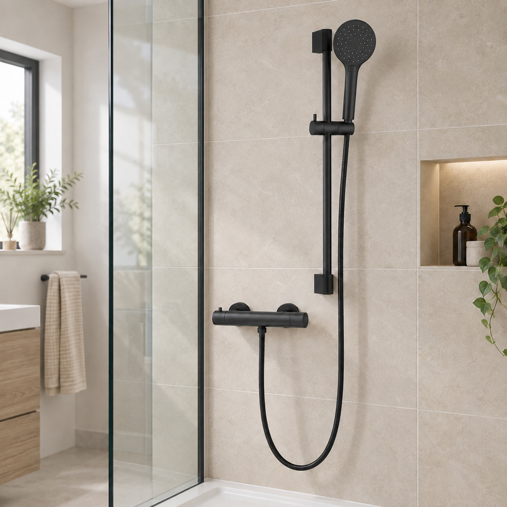 Go Bathrooms PureFlow Black Round Thermostatic Bar Shower Kit Image 2
