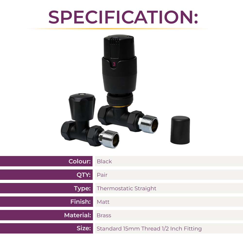 Go Bathrooms Black Straight Thermostatic Radiator Valves Set 15mm Image 6