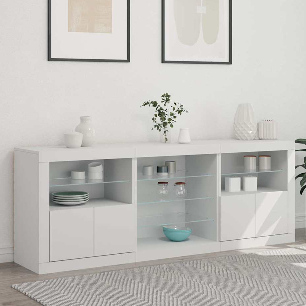 vidaXL 4 Door 8 Shelf White LED Sideboard 3 Piece Image 1