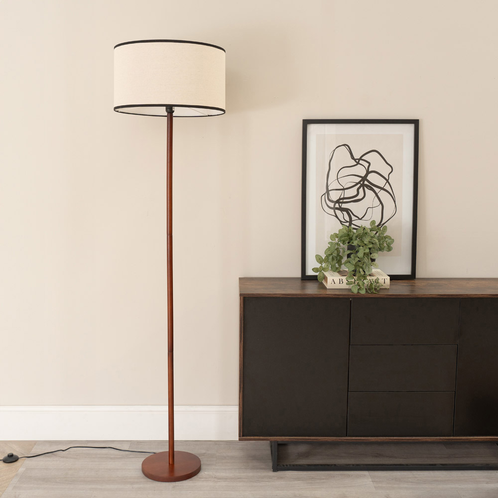 ValueLights Heather Natural Black Trim Drum Shade Dark Wood Stem LED Floor Lamp Image 3