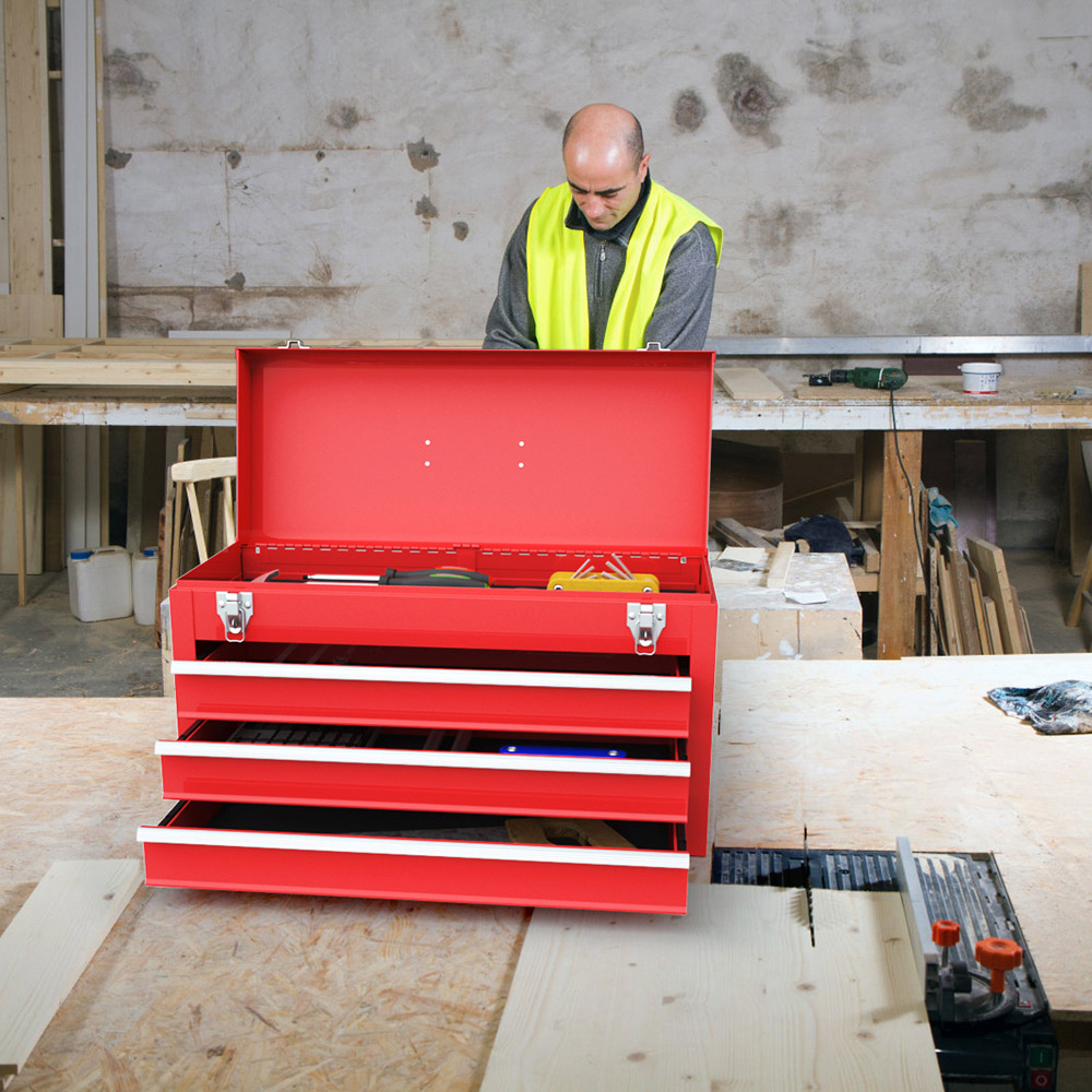 Costway 3 Drawer Red Portable Steel Tool Box with Top Storage Tray Image 5