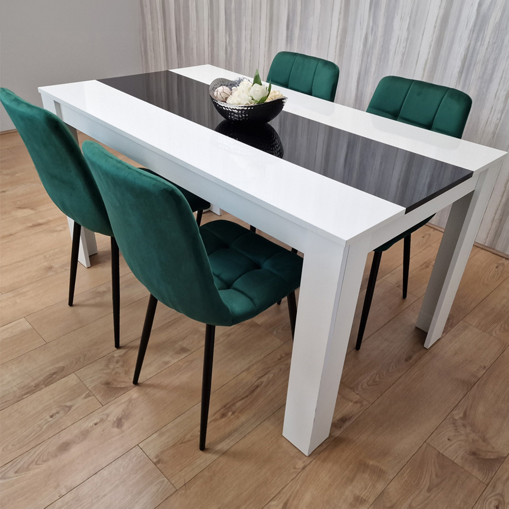 Portland Velvet and Wood 4 Seater Dining Set Green White and Black Image 1