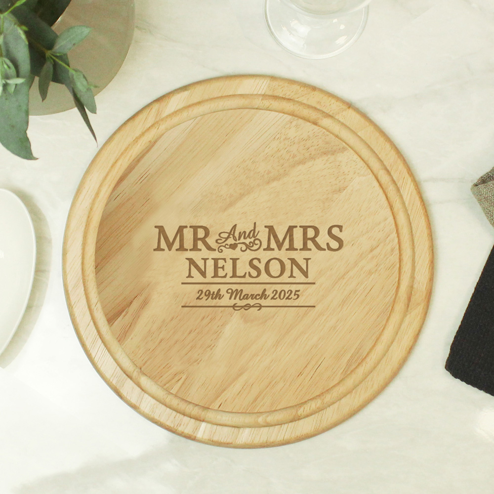 Personalised Memento Personalised Mr and Mrs Round Chopping Board Image 3