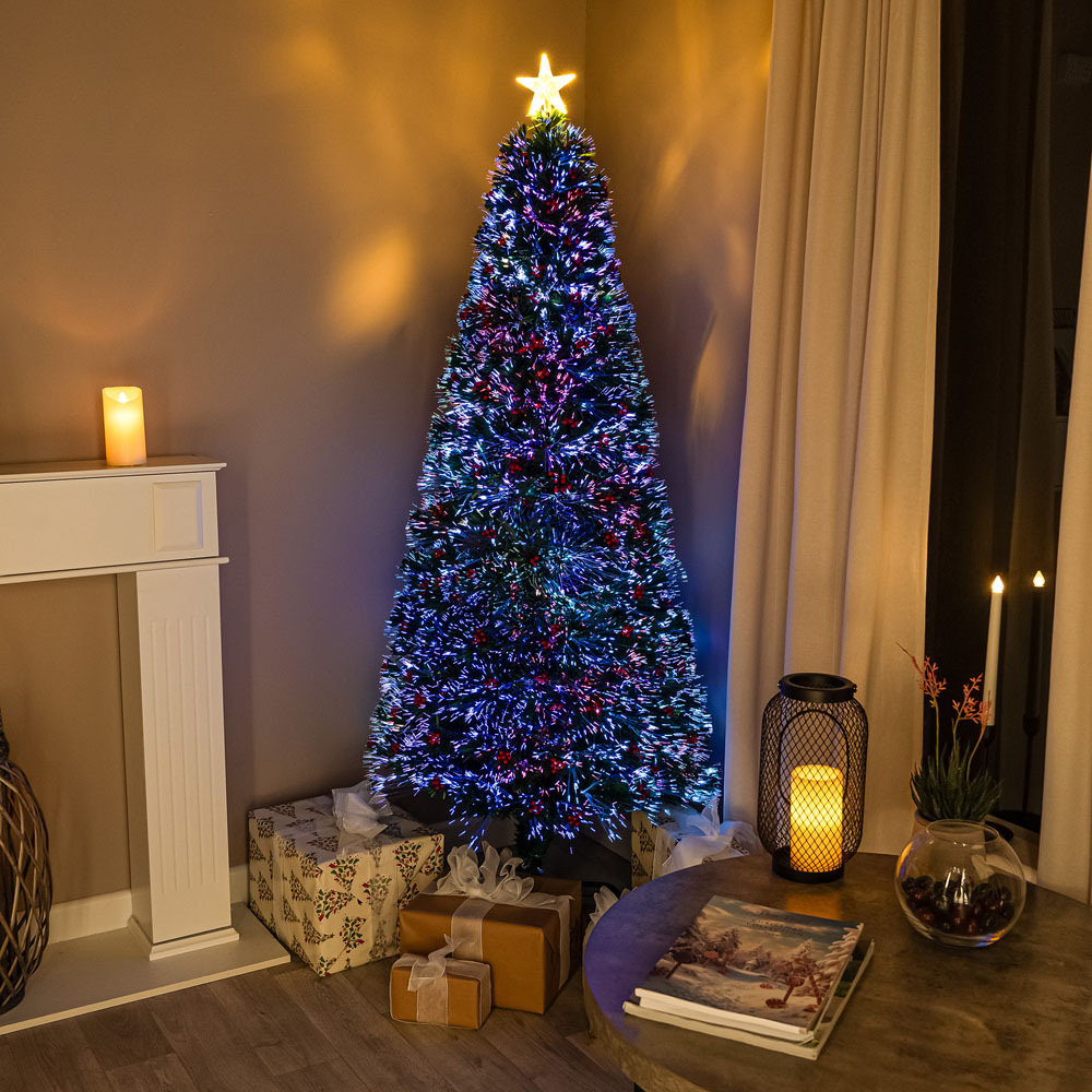 The Christmas Centre Warm White LED Green Fibre Optic Artificial Xmas Tree with Berries 6ft Image 2