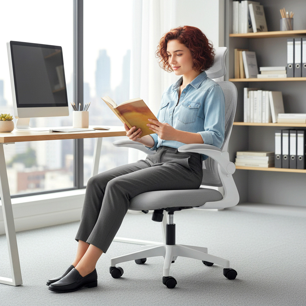 Portland Grey Mesh Height Adjustable Foldable Ergonomic Swivel Office Chair with Headrest Image 3