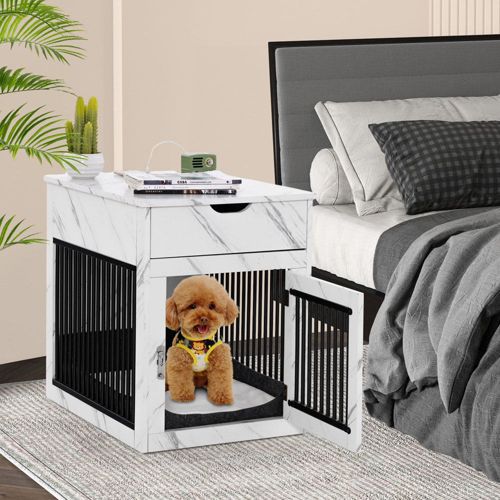 Costway Single Drawer White Dog Crate Side Table with Charger Image 2
