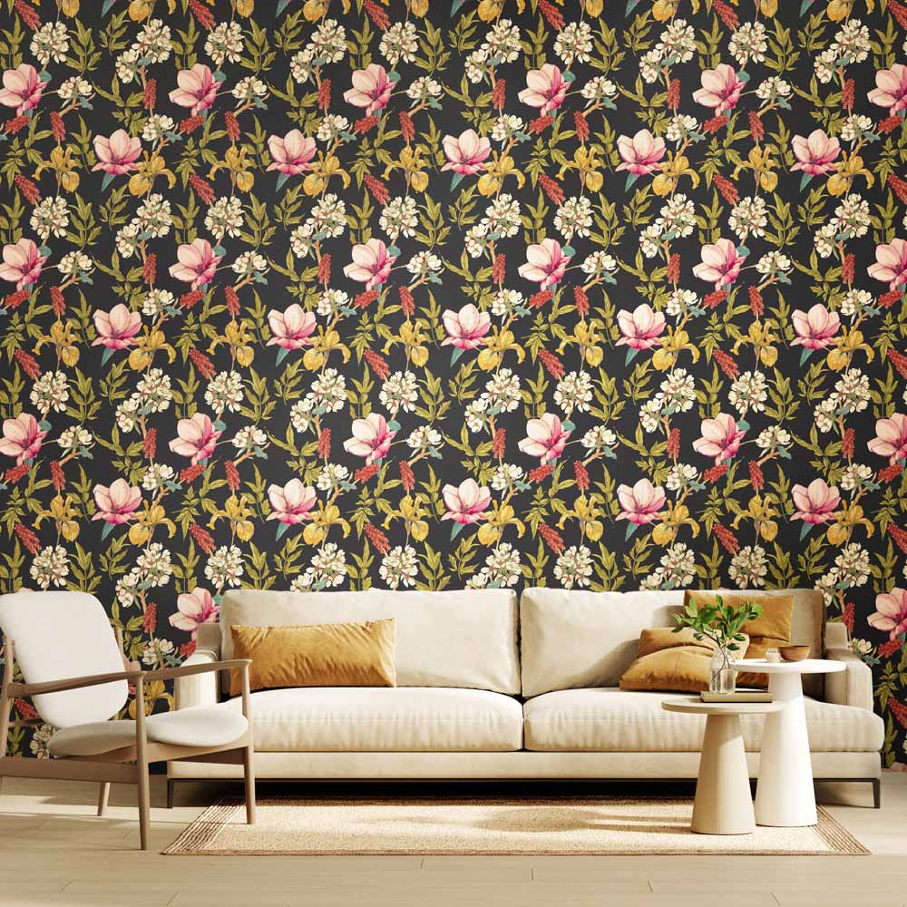 Hoopla Walls Orchid Bloom Ebony and Raspberry Non Woven Wallpaper Image 2