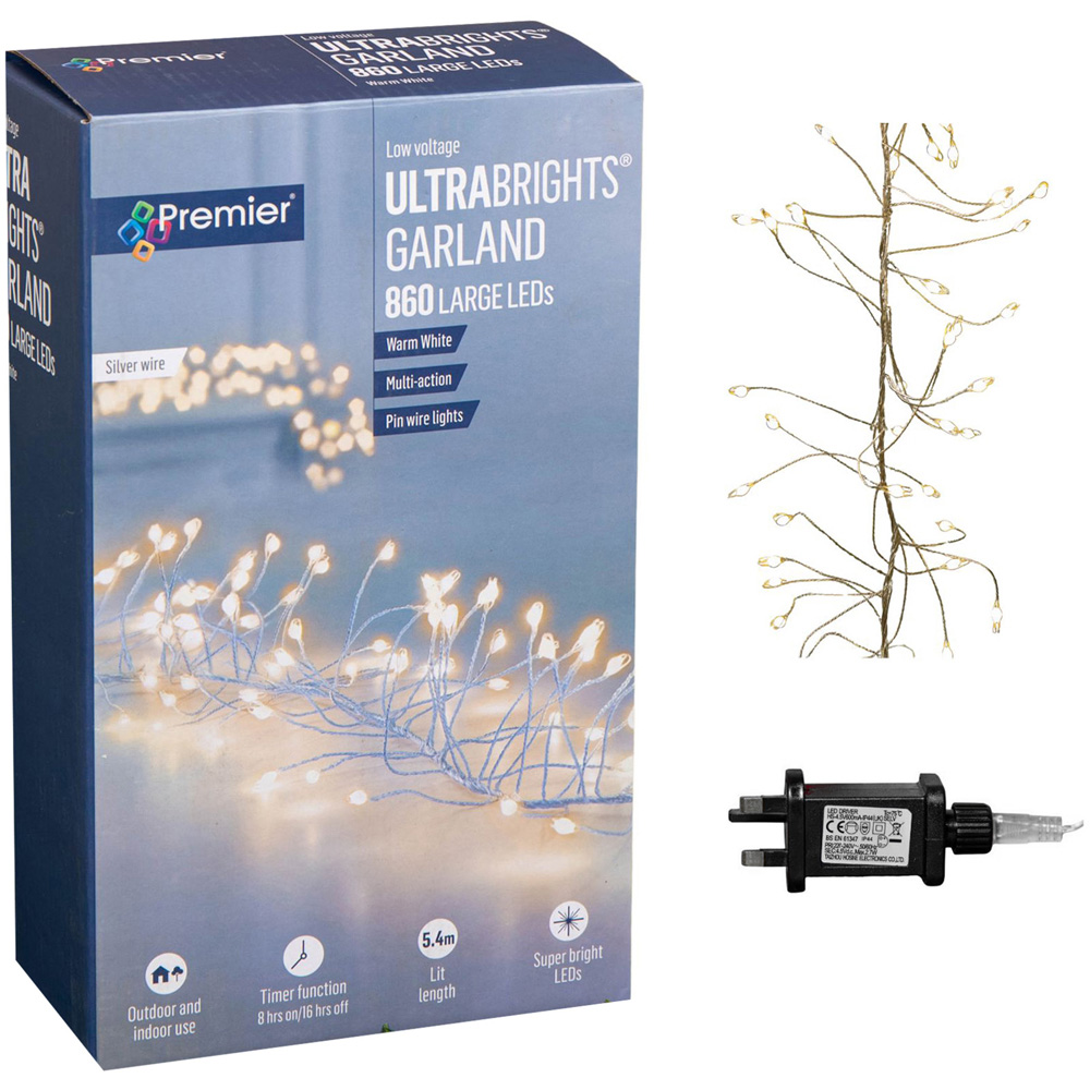 Premier UltraBrights 860 Warm White LED Silver Pin Wire Cluster Light 5.4m Image 2