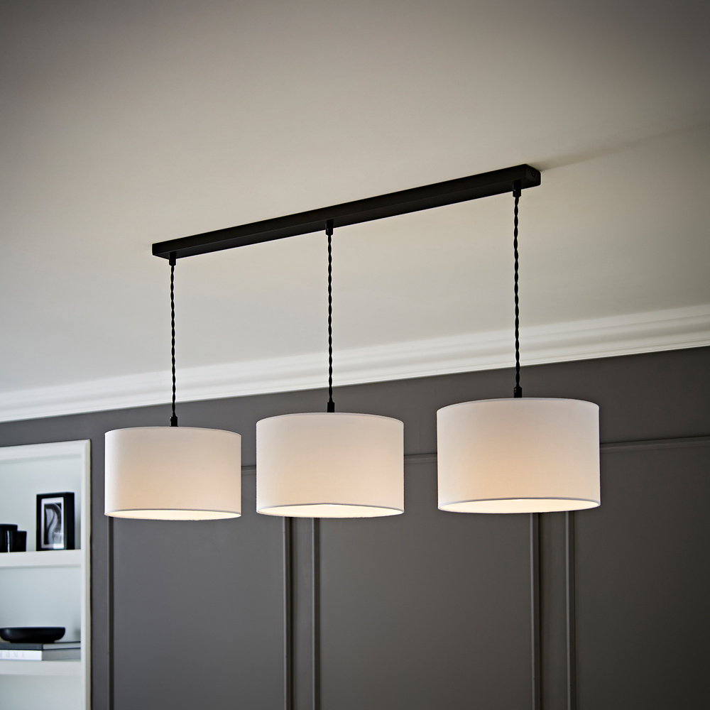 ValueLights Reni White Drum Shade 3 Drop Bar Matte Black Diner LED Ceiling Light Image 2