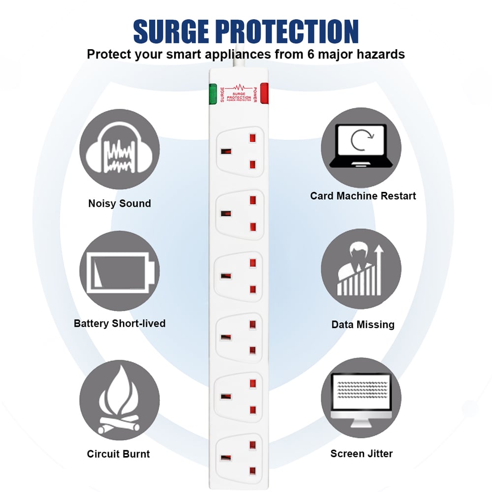 ExtraStar White 13A 3m 6 Socket Surge Protected Extension Lead Image 2