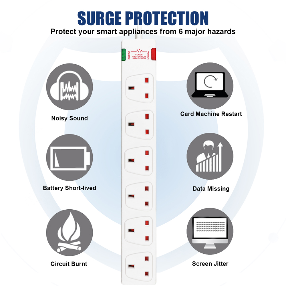 ExtraStar White 13A 1m 6 Socket Surge Protected Extension Lead Image 2