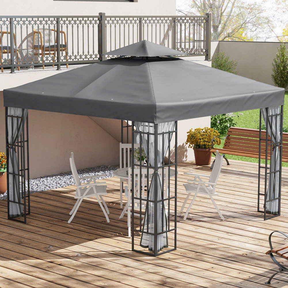 Outsunny 3 x 3m Grey Steel Frame Patio Gazebo with Mesh Sidewalls Image 1