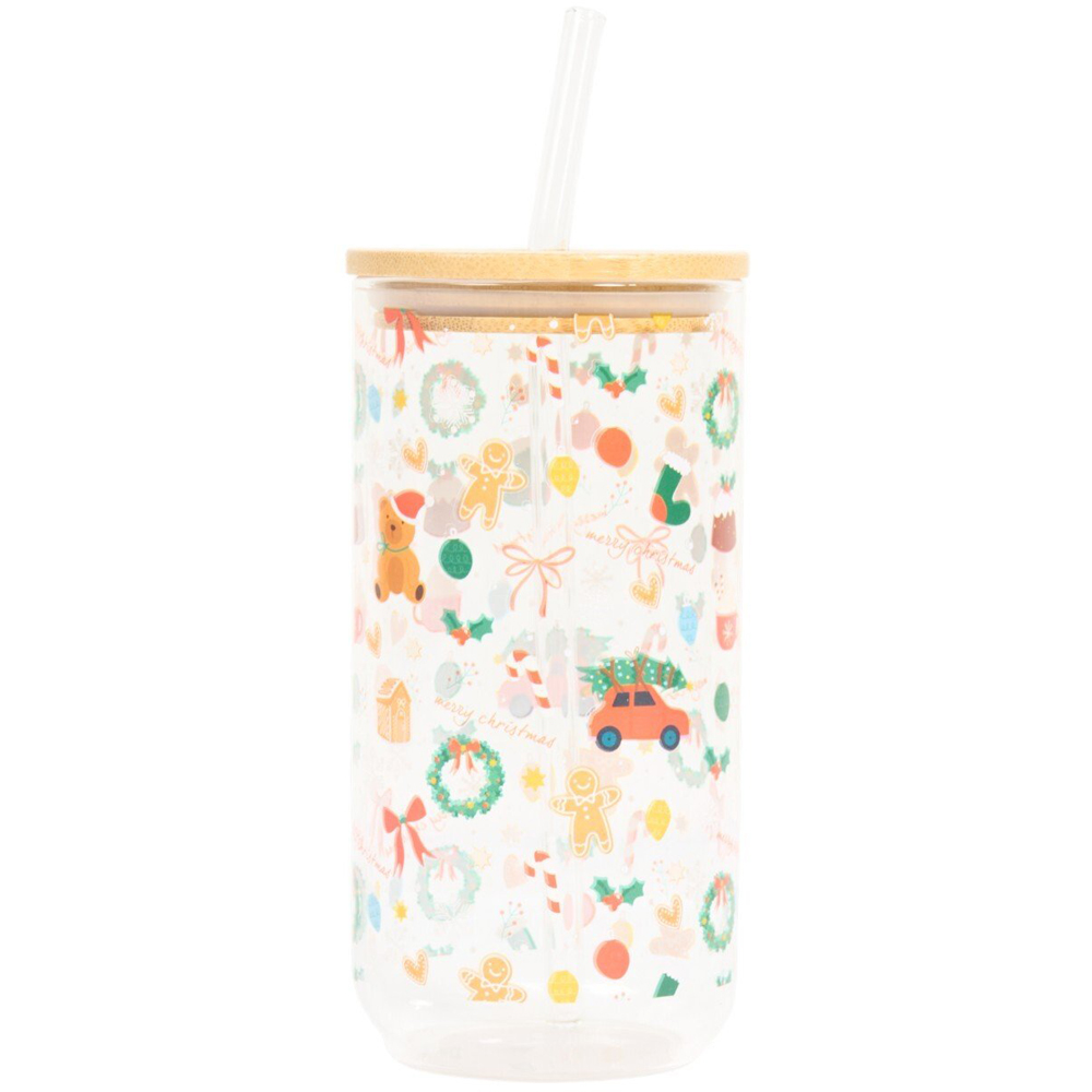 Christmas Print Glass Drinking Jar Clear Image 2