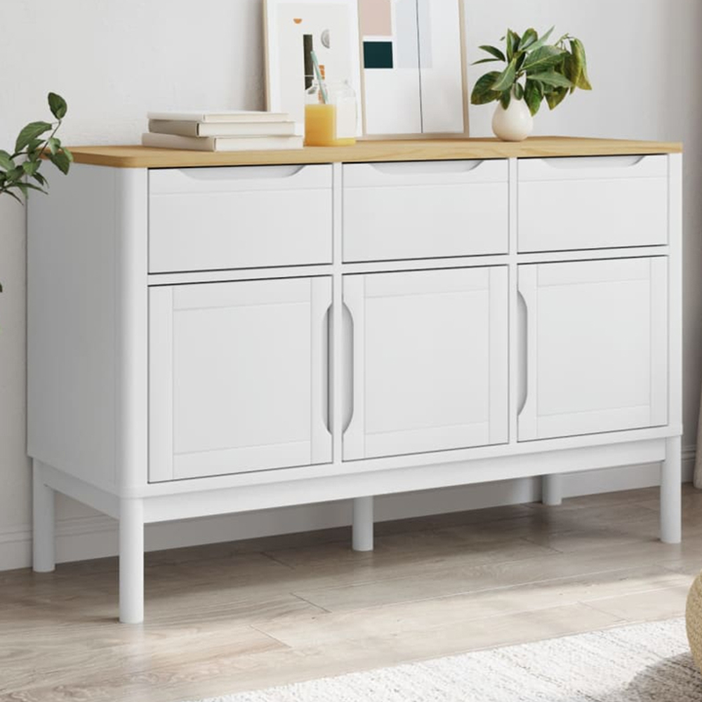 vidaXL 3 Door 3 Drawer White Solid Pine Wooden Sideboard Image 1
