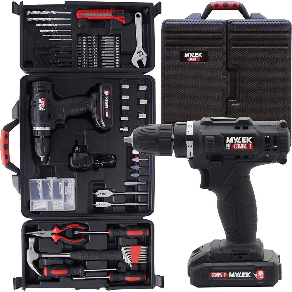 MYLEK 18V Lithium-Ion Drill Drive Including Battery and 130 Accessories Image 1