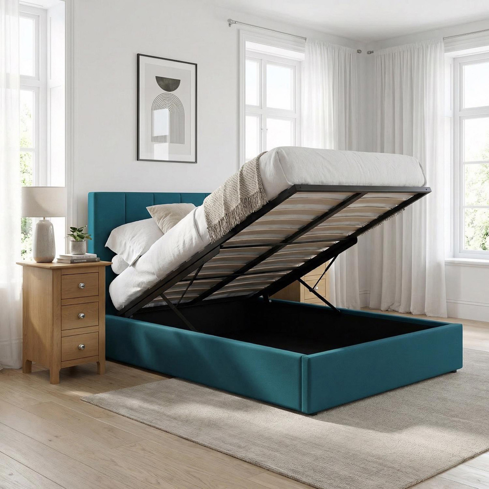 FWStyle Hoscar Small Double Dolphin Blue Upholstered Lift-Up Ottoman Bed Frame with Ribbed Headboard Image 7