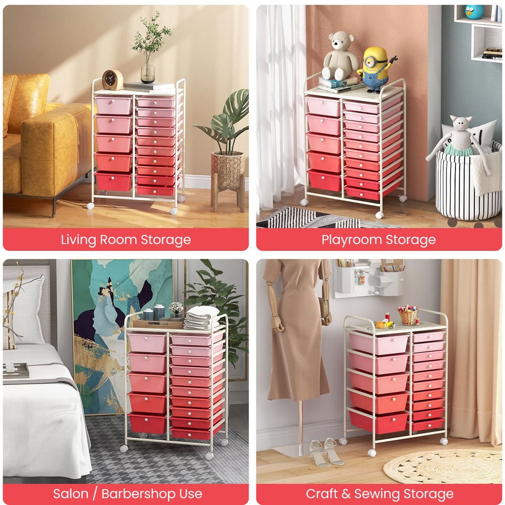 Costway Pink 15 Drawer Rolling Storage Cart Image 5