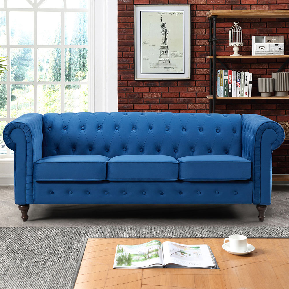 Pelham 3 Seater Blue Velvet Sofa Image 1