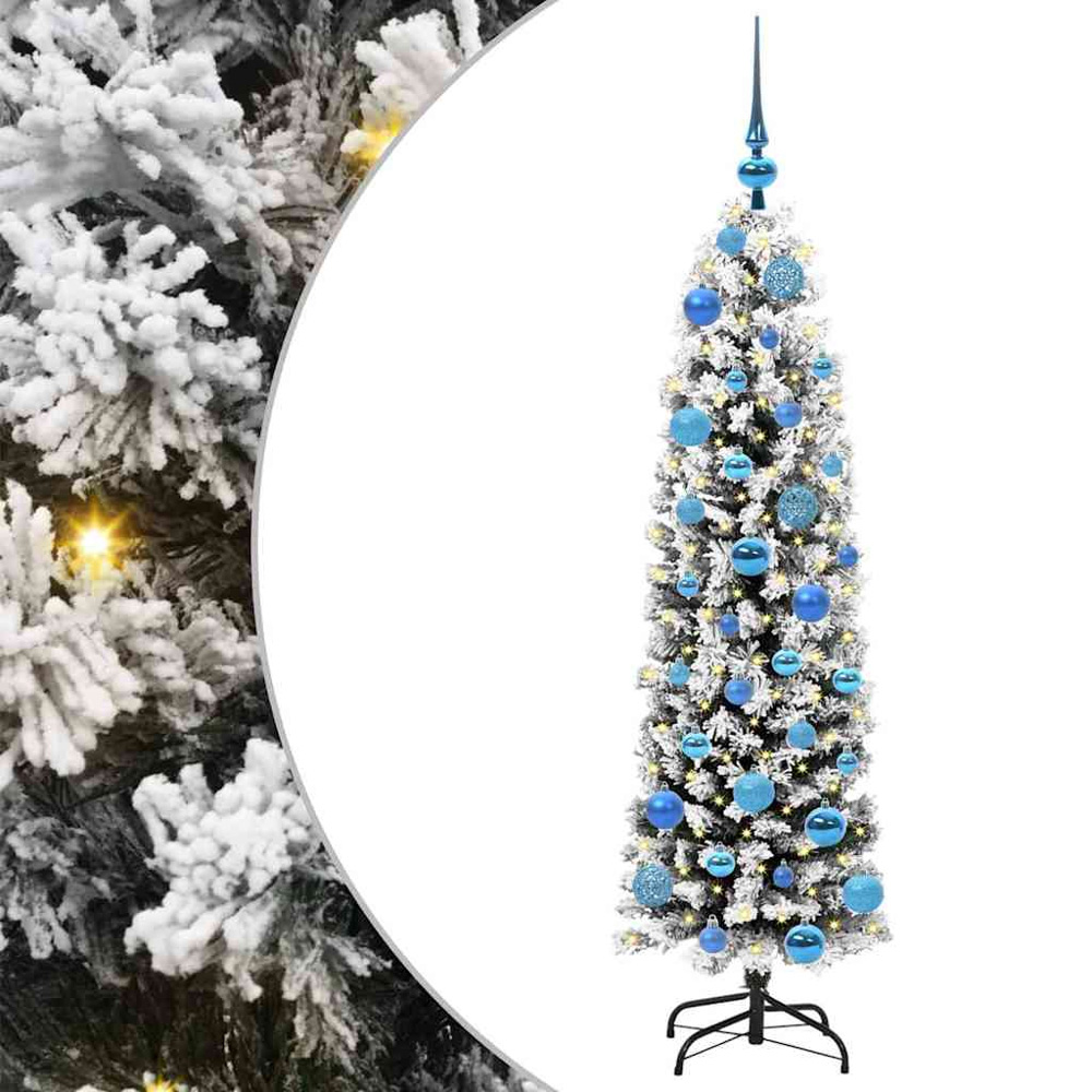 vidaXL Green Snow Flocked Artificial Christmas Tree with LEDs Blue Decoration Ornaments 5ft Image 2