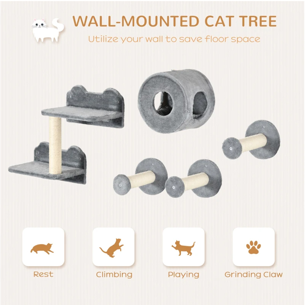 PawHut 5 Piece Grey Cat Wall Furniture with Perch and Cat Condo and Scratching Post Image 4